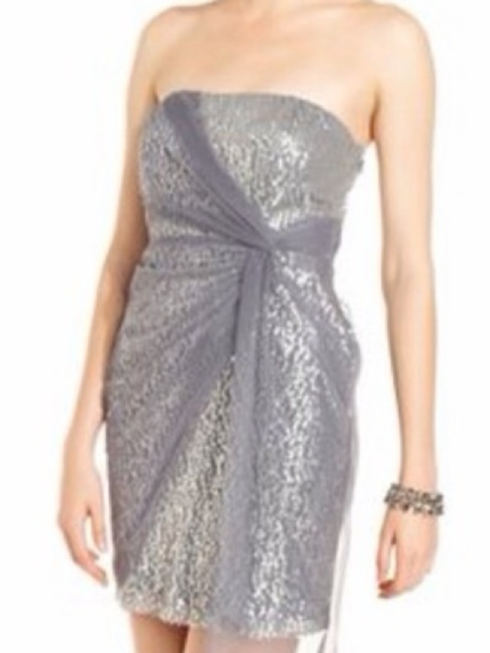 Jump Strapless Gray Sequin Cocktail Dress with Draped Knot